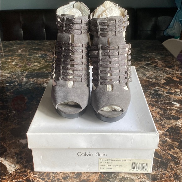 Calvin Klein Charcoal Strappy Peep Toe Heels - Picture 1 of 7